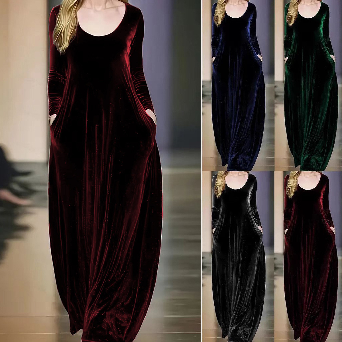 Velvet Long Sleeve Round Neck A-Line Maxi Dress