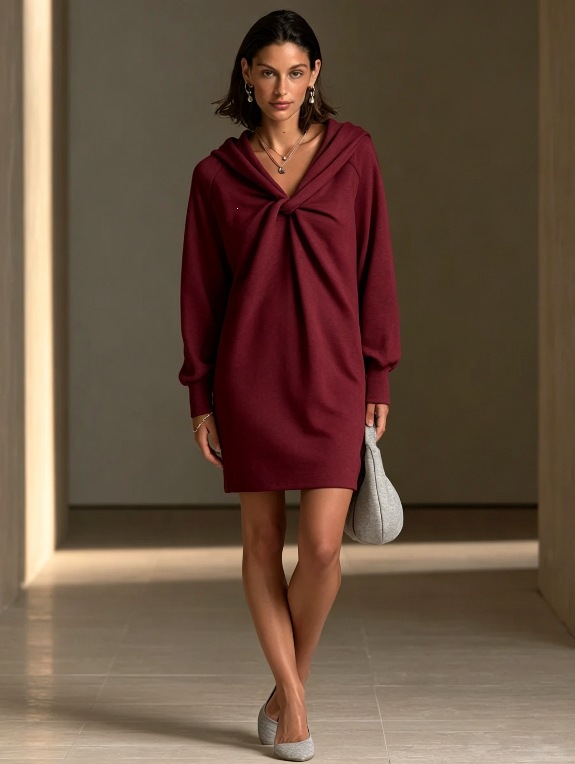 Women's Twist Front Loose Hooded Mini Dress