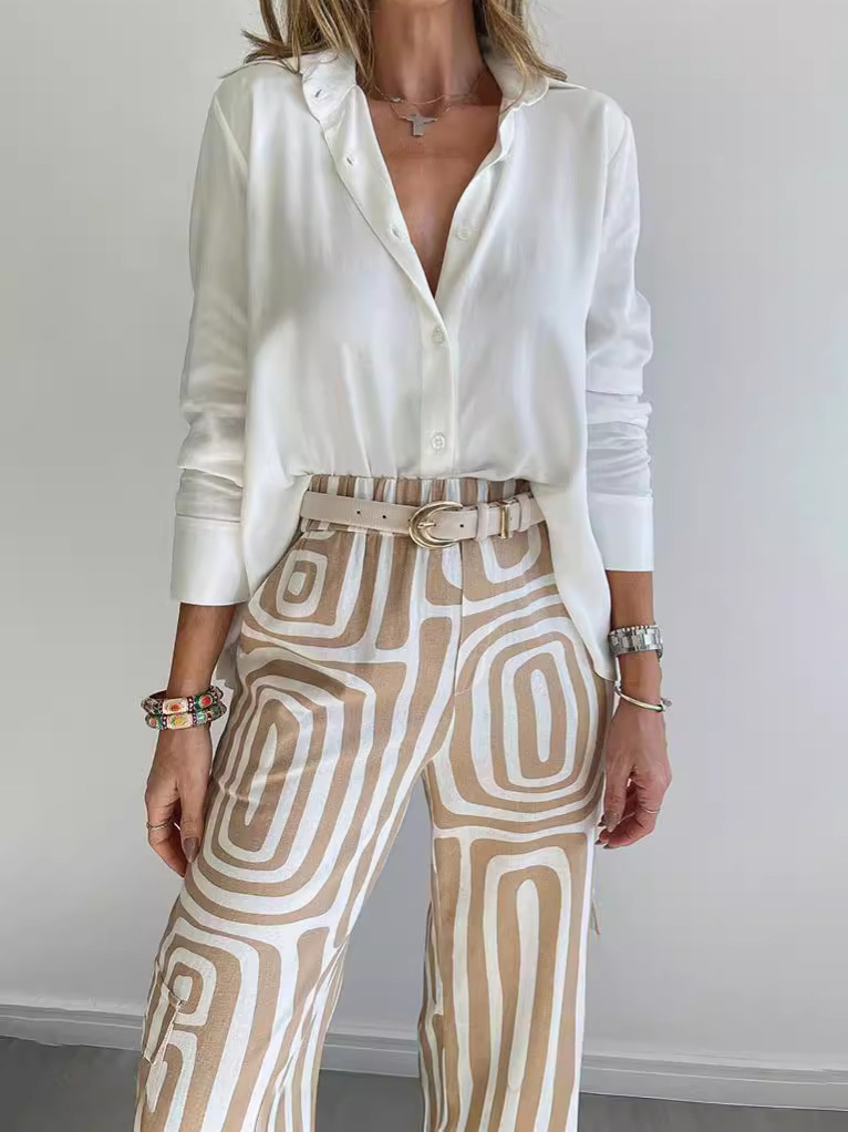 Women's Digital Print Shirt and Wide-Leg Pants Two-Piece Set