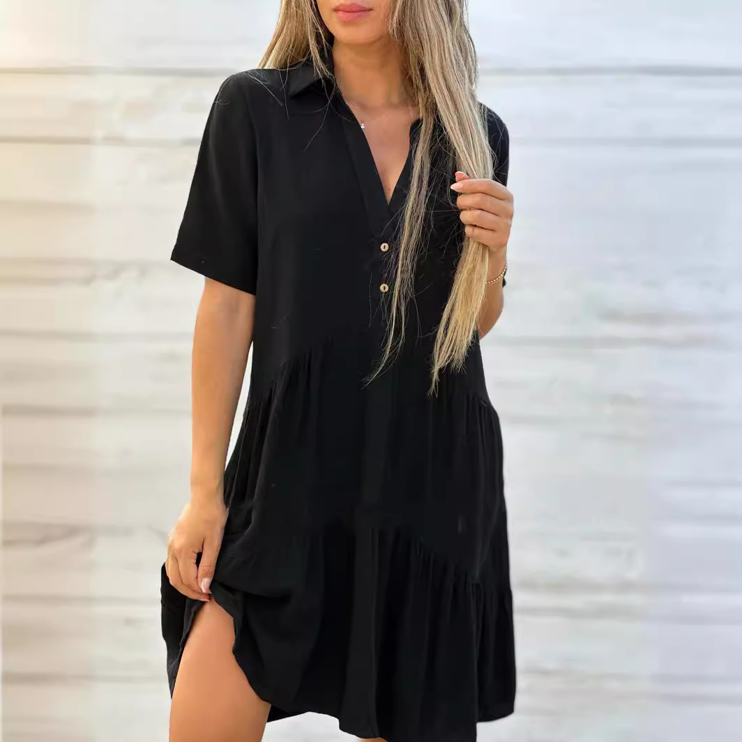 Women's Loose Solid Color Collared Short Sleeve Cotton Dress