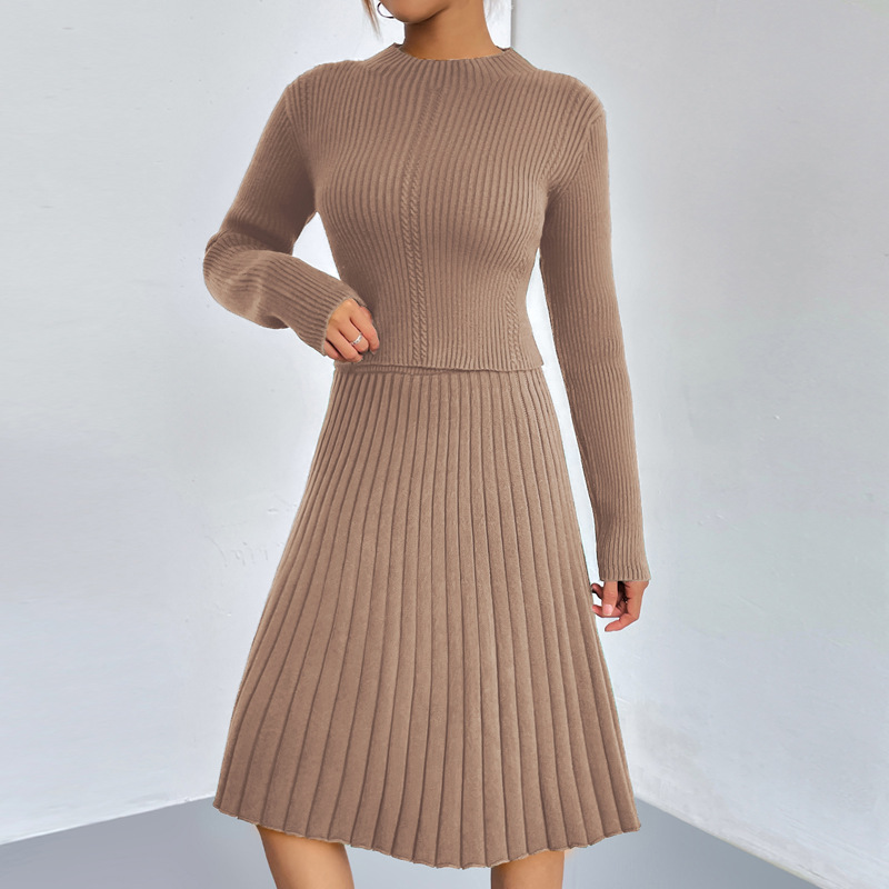 Solid A-Line Pleated Midi Skirt & Knit Sweater Two-Piece Set
