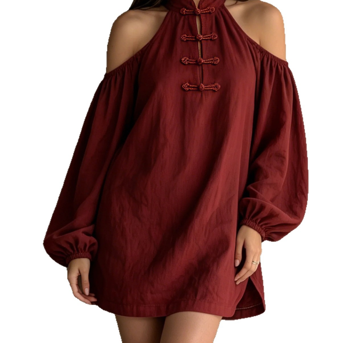 Women's Off-Shoulder Long Sleeve Solid Color Loose Cotton Linen Dress