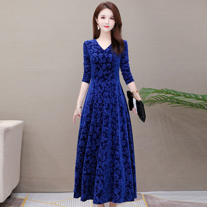 Velvet V-Neck Long Sleeve A-Line Maxi Dress
