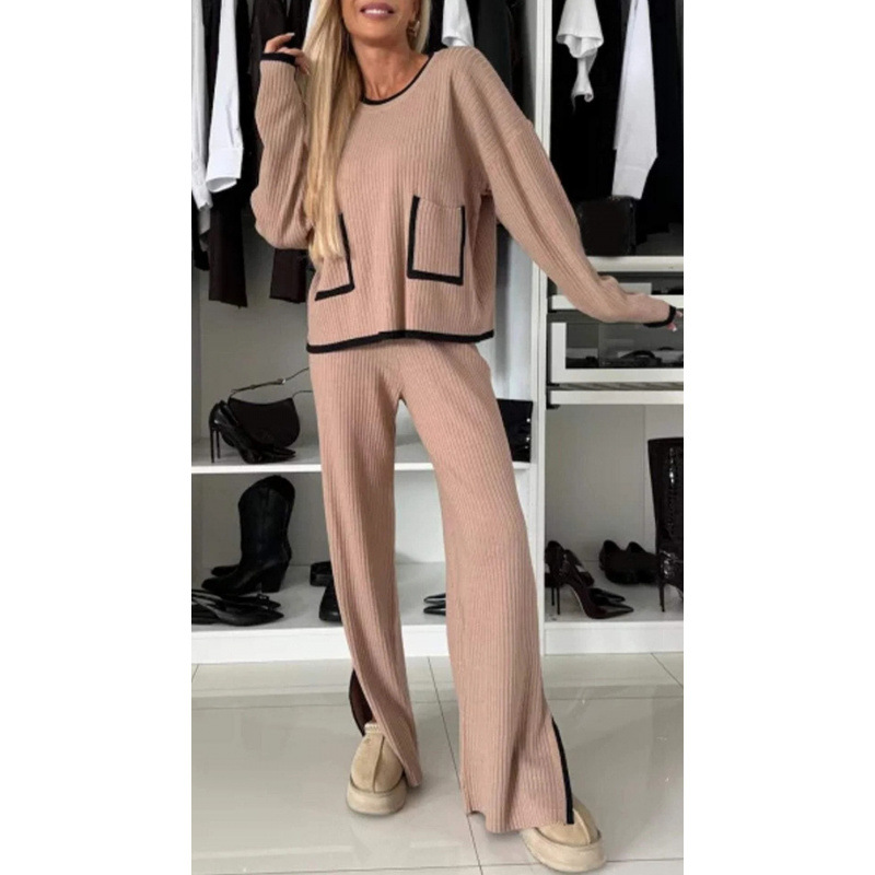 Women's Color-Block Pocket Top & Wide-Leg Pants Two-Piece Set