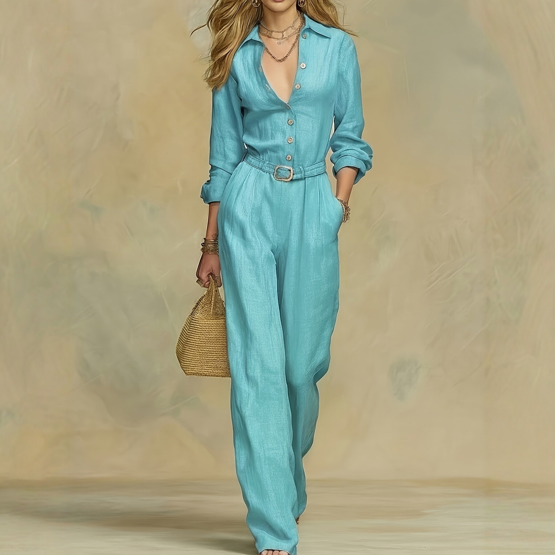 Elegant Solid Color Long Sleeve Jumpsuit Set with Belt