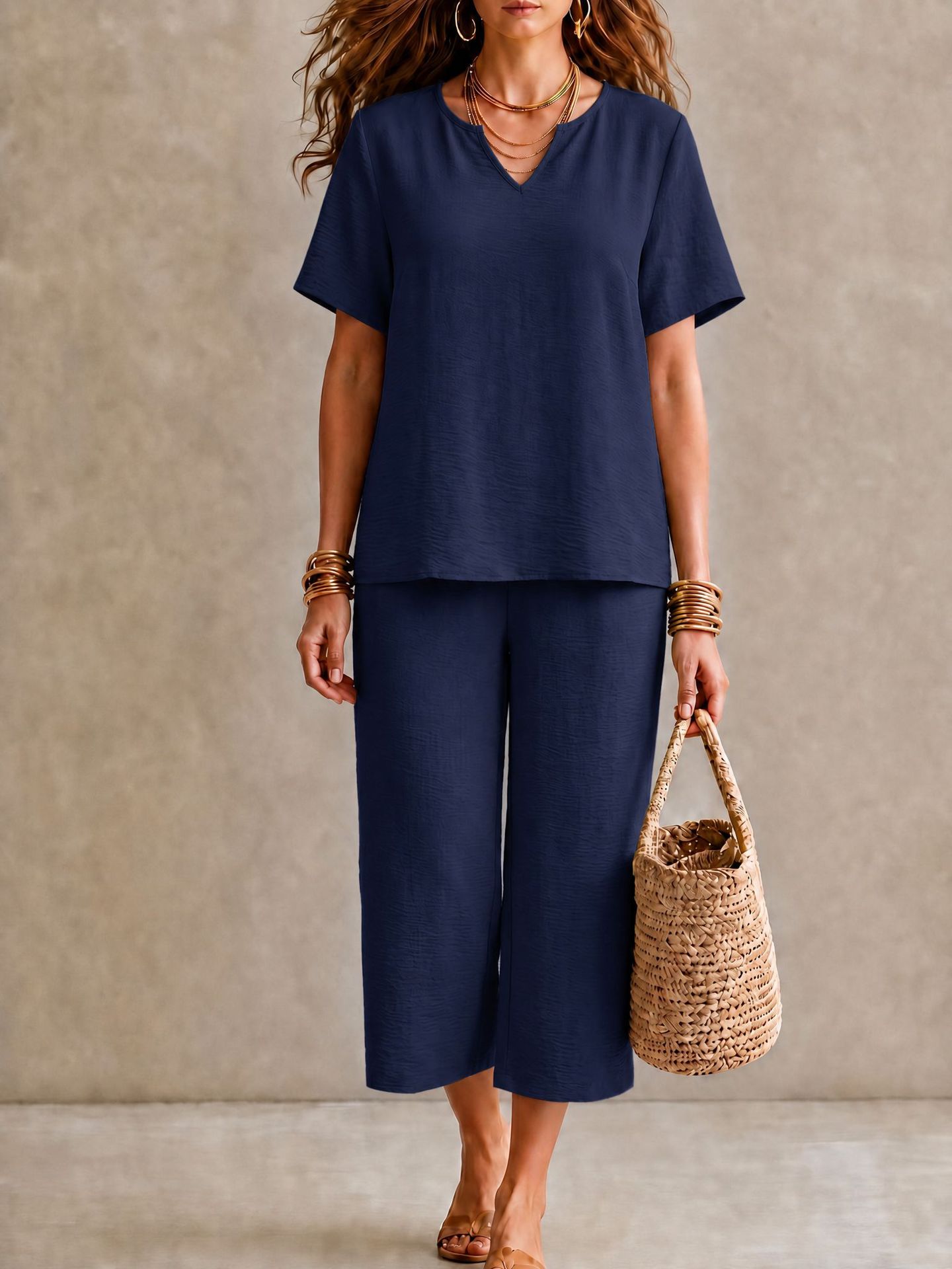 Women's Solid V-Neck Short Sleeve Shirt & Wide-Leg Pants Set with Elastic Waist