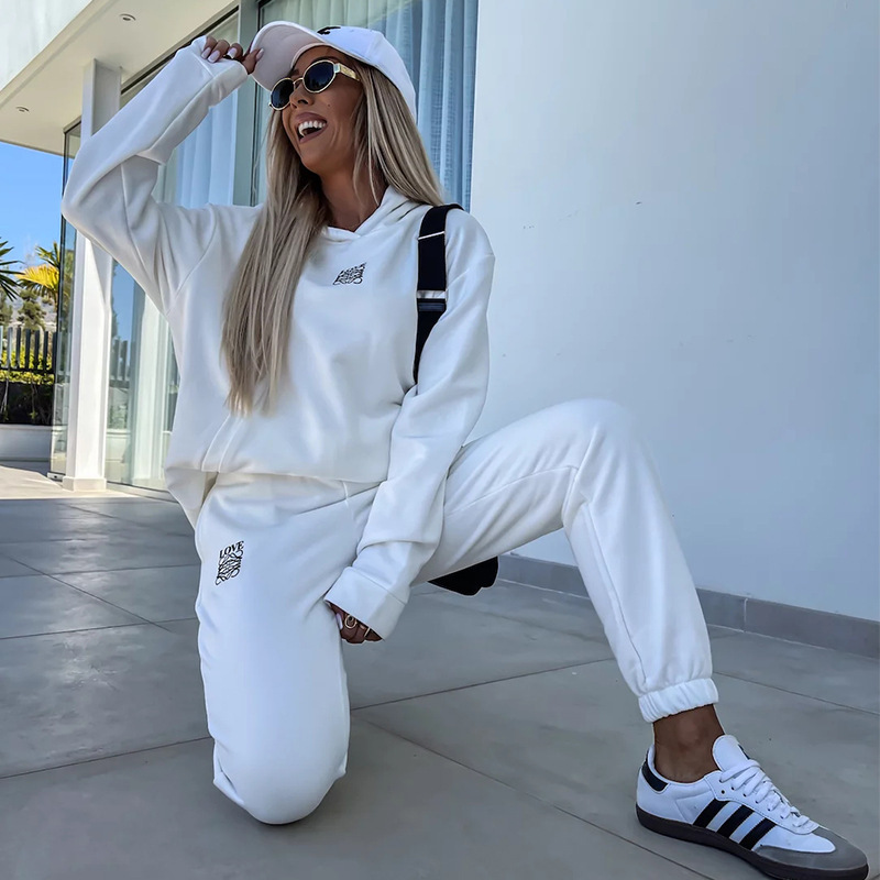 Casual Hooded Sweatshirt and Pants Set with Pockets, Solid Color