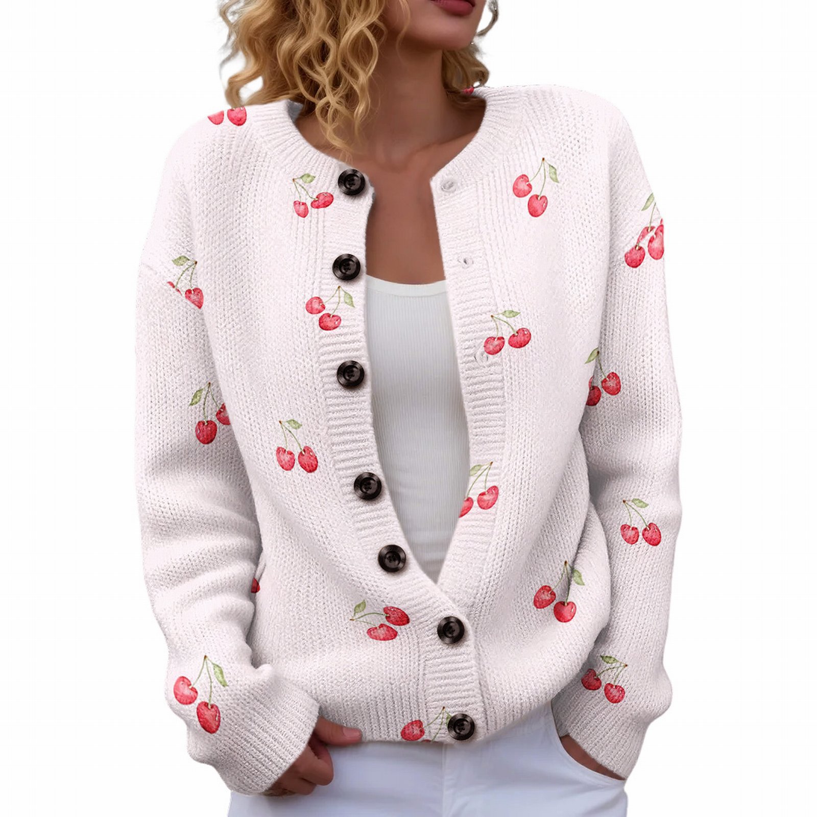 Women's Heart Ribbon Bow Cherry Print Cardigan
