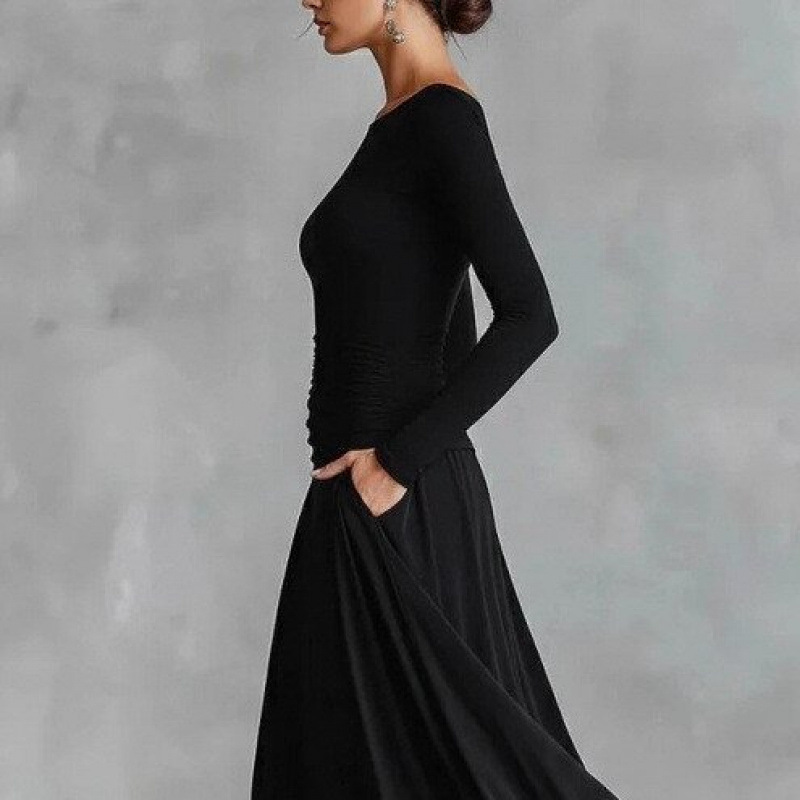 Solid Color Wrap Boat Neck Slimming Dress