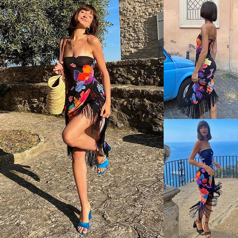 Sleeveless Bodycon Printed Tassel Tube Dress with Open Back and Slit