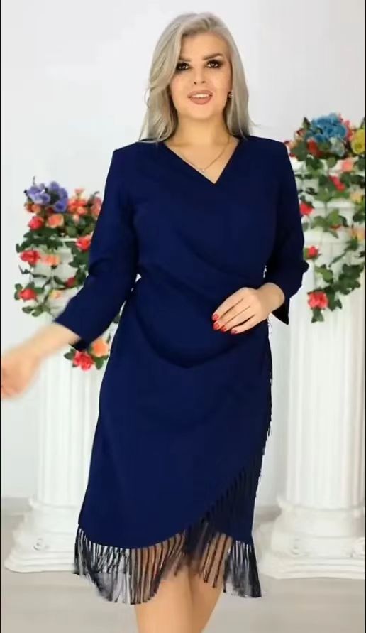 Women's Solid Color V-Neck A-Line Midi Dress with Flared Skirt