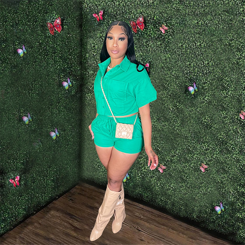 Women's Short Sleeve Shirt and Drawstring Pocket Shorts Two-Piece Set