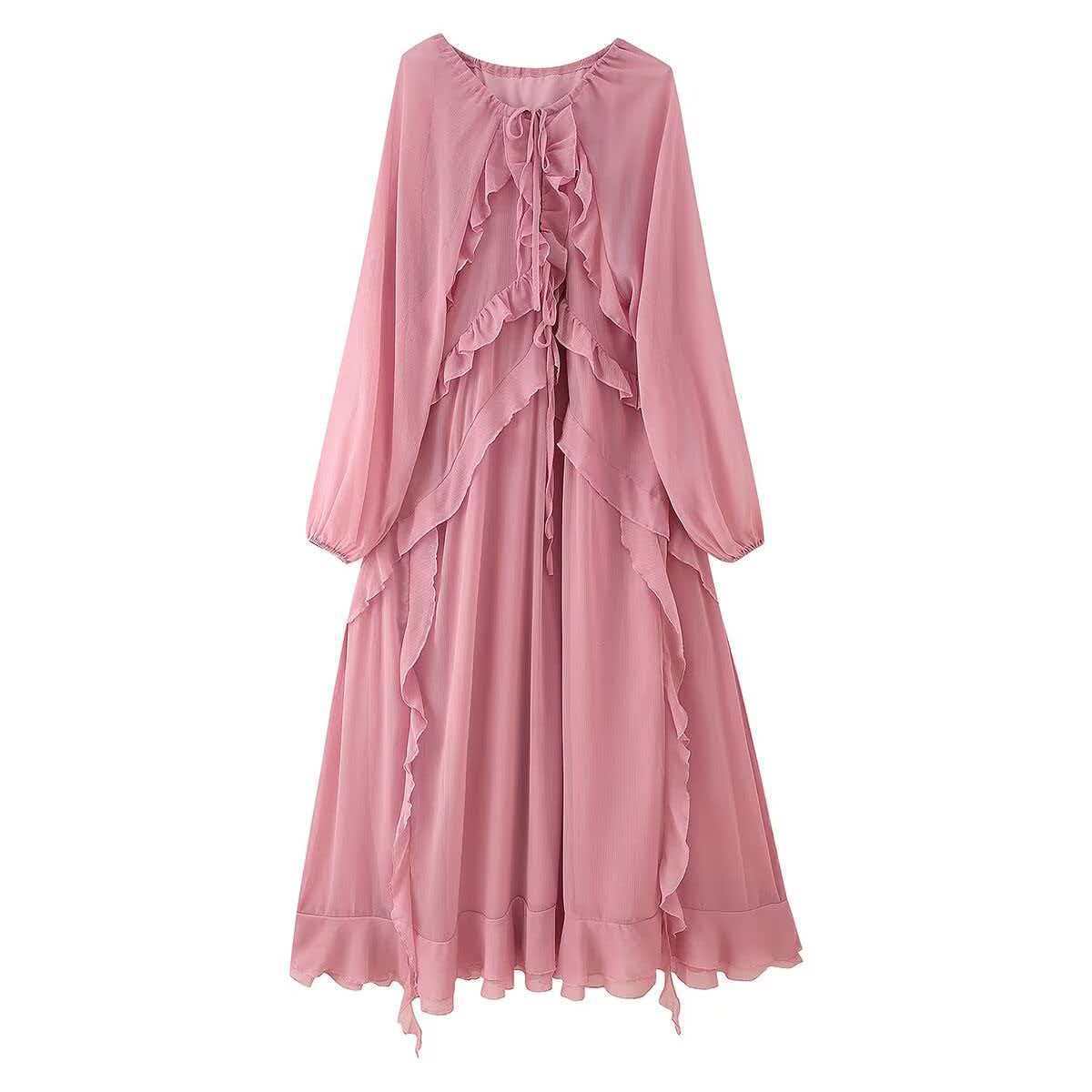 Women's Tiered Ruffle Tie-Front Chiffon Dress