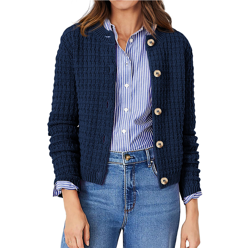 Women's Solid Color Crewneck Knit Cardigan Sweater