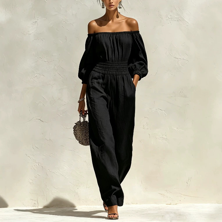 Women's Off-Shoulder Long Sleeve Wide Leg Jumpsuit with Elastic Waist