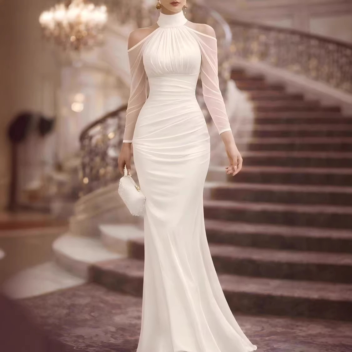 Women's Halter Neck Sheer Long Sleeve Mermaid Evening Gown