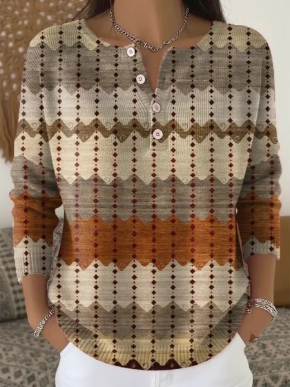 Button Long Sleeve Sweatshirt with 3D Print Casual Pullover