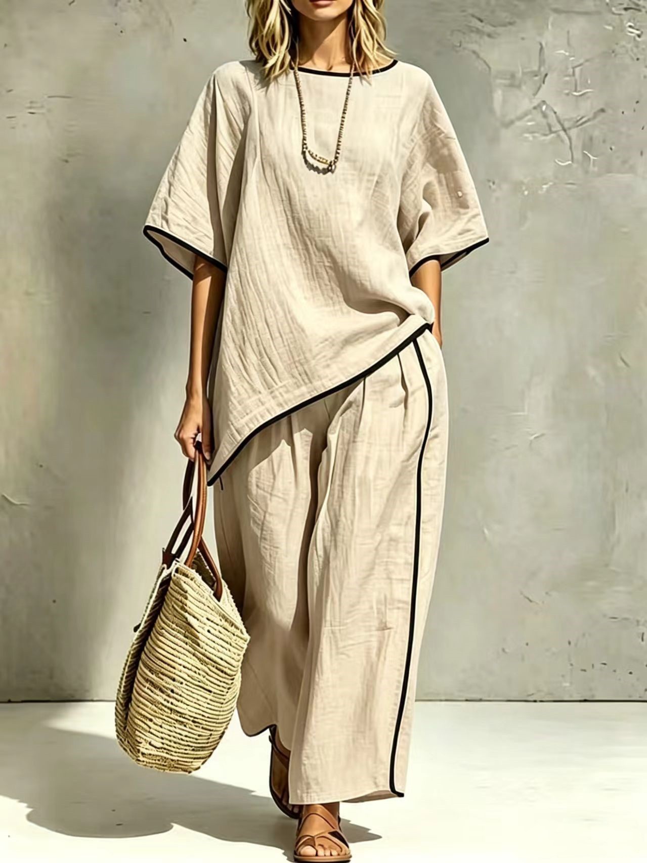 Women's Elegant Round Neck Short Sleeve Two-Piece Pant Set