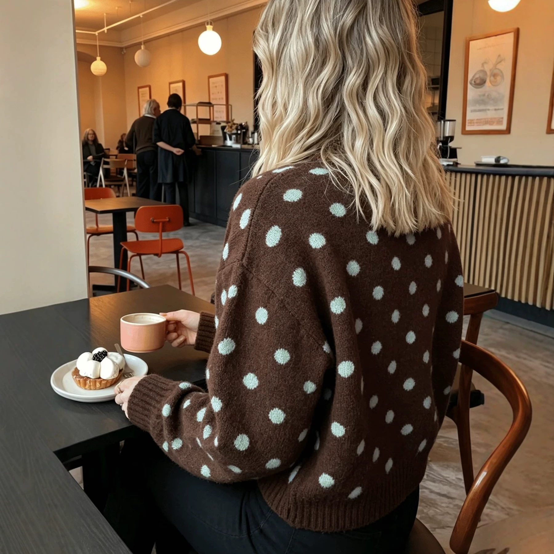 Women's Polka Dot Mock Neck Sweater Colorblock Loose Drop Shoulder Ribbed Cuffs French Retro