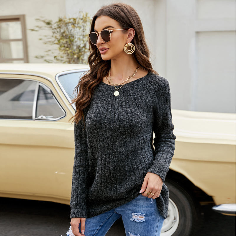 Women's Lace-Up Pink Knit Sweater Long Sleeve Crew Neck Pullover