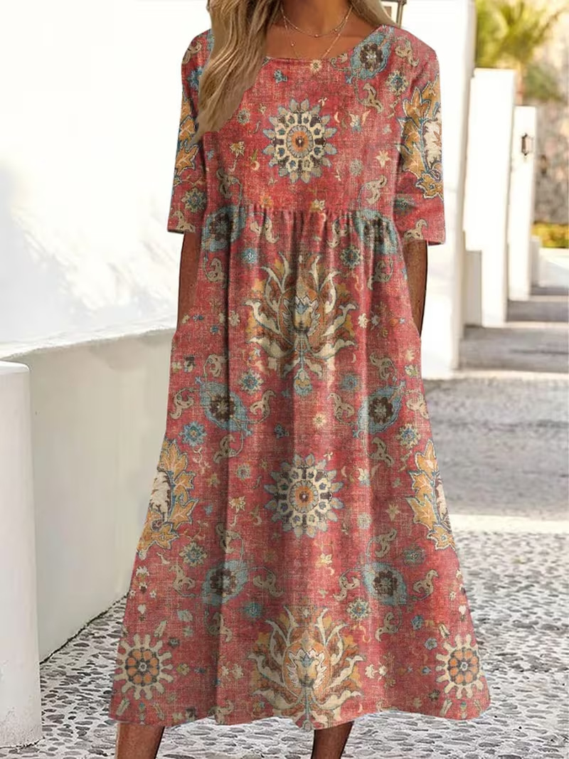 Women's Vintage Floral A-Line Midi Dress