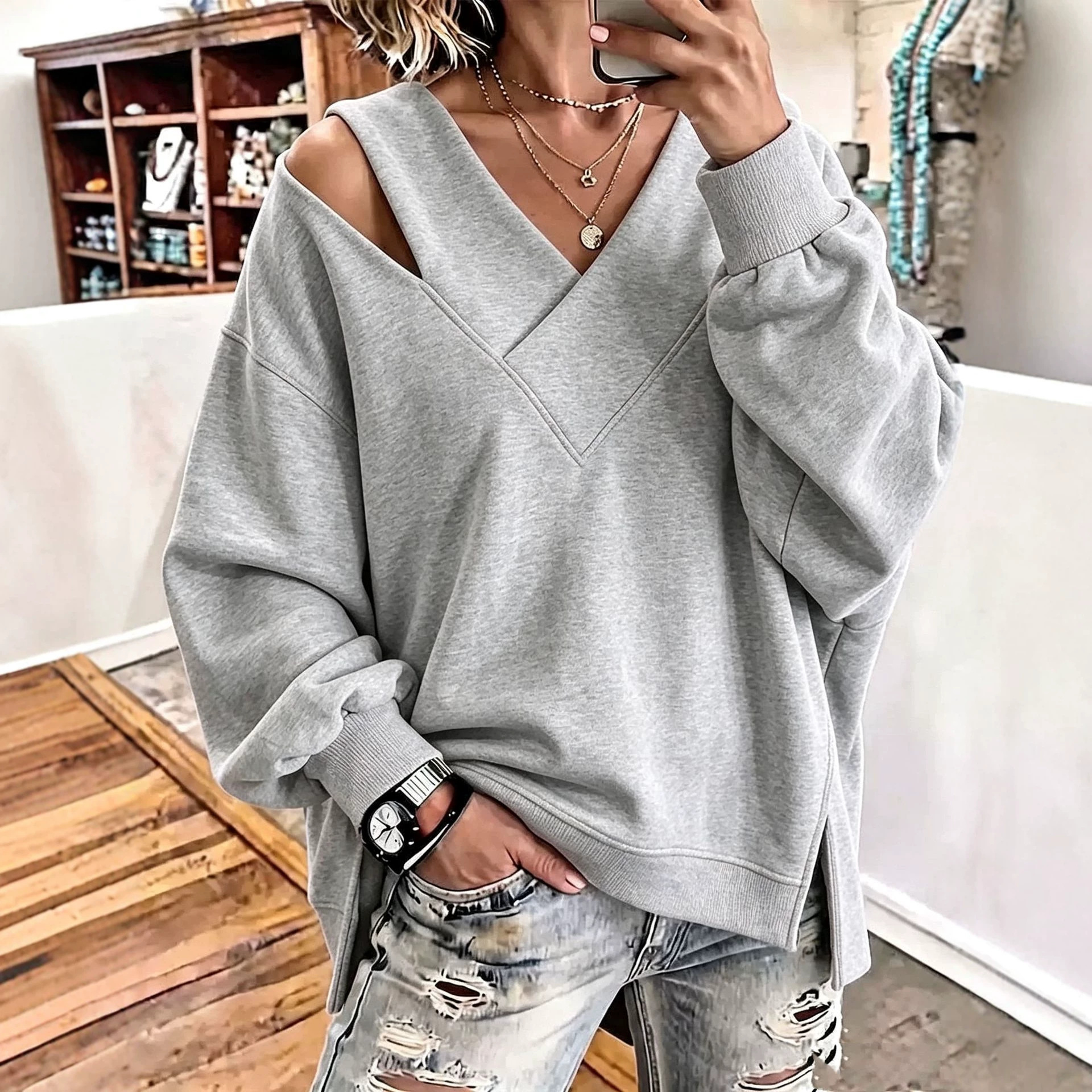 One-Shoulder V-Neck Loose Sweatshirt with Side Slit