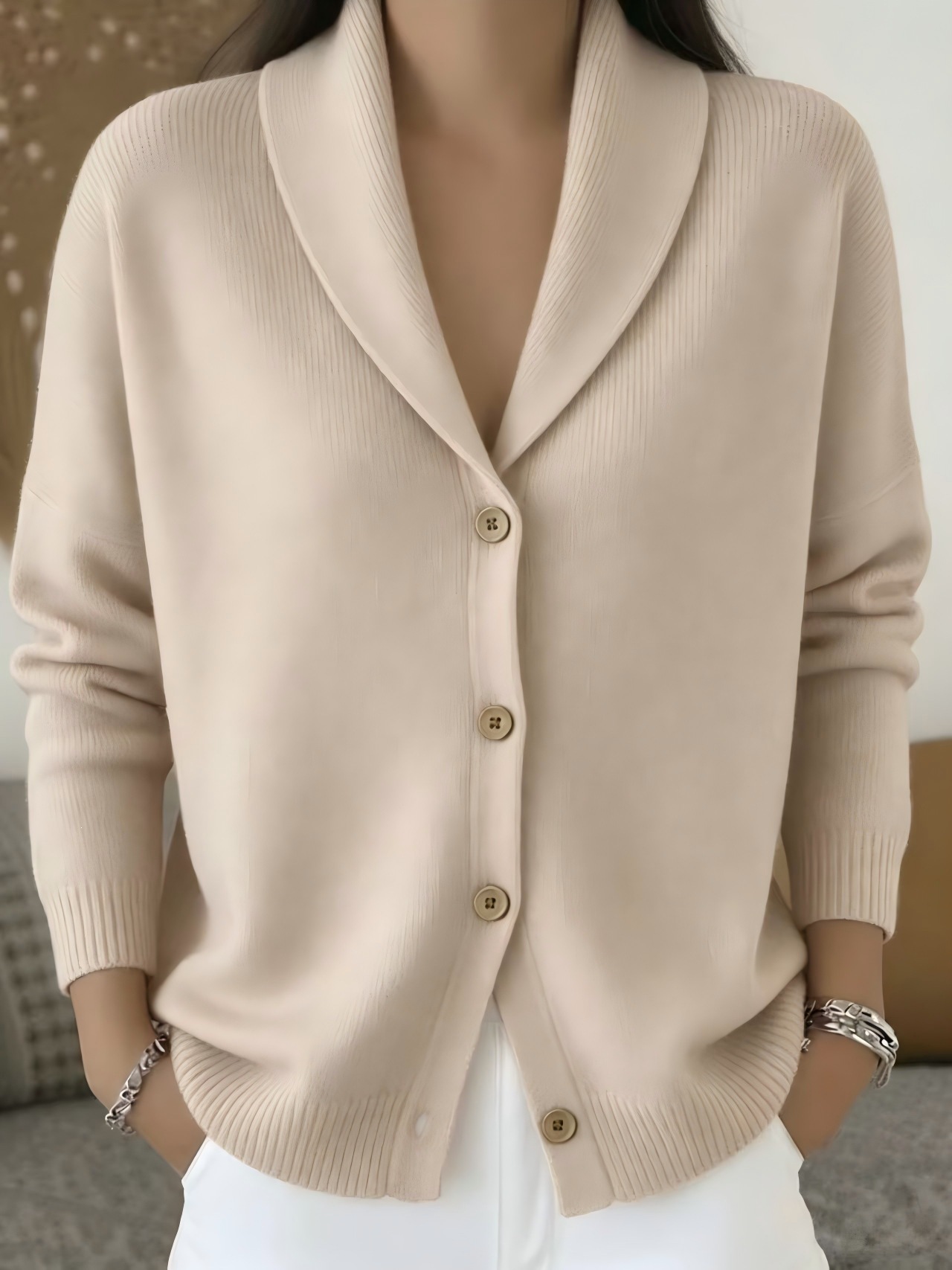 Button-Front Knit Cardigan Sweater with Collar, Solid Color, Casual