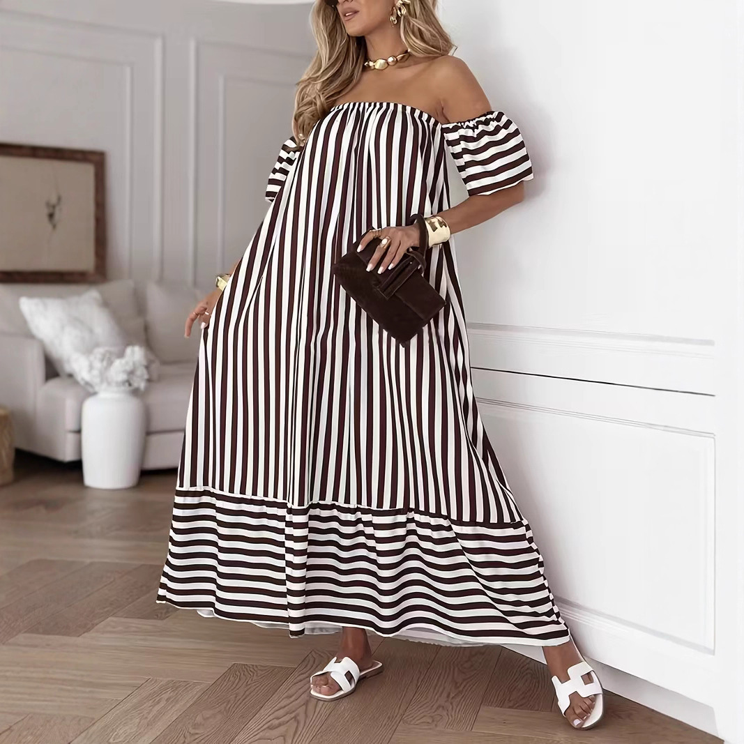 Elegant Off-Shoulder Striped A-Line Maxi Dress with Flared Sleeves