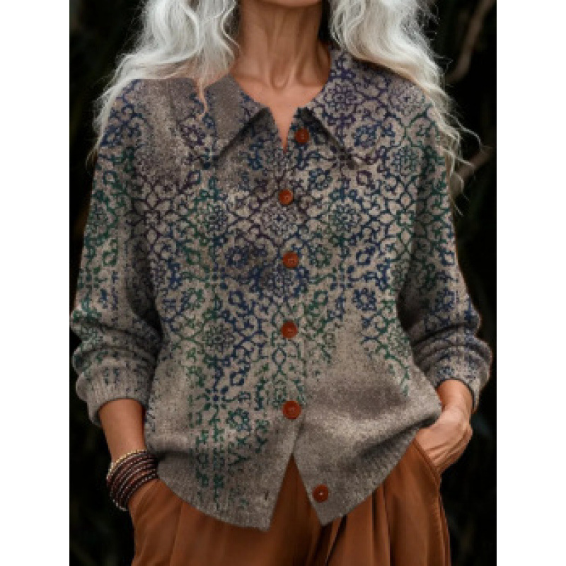 Women's Collared Button-Front Cardigan Sweater, Solid 3D Print Knit, Loose Fit