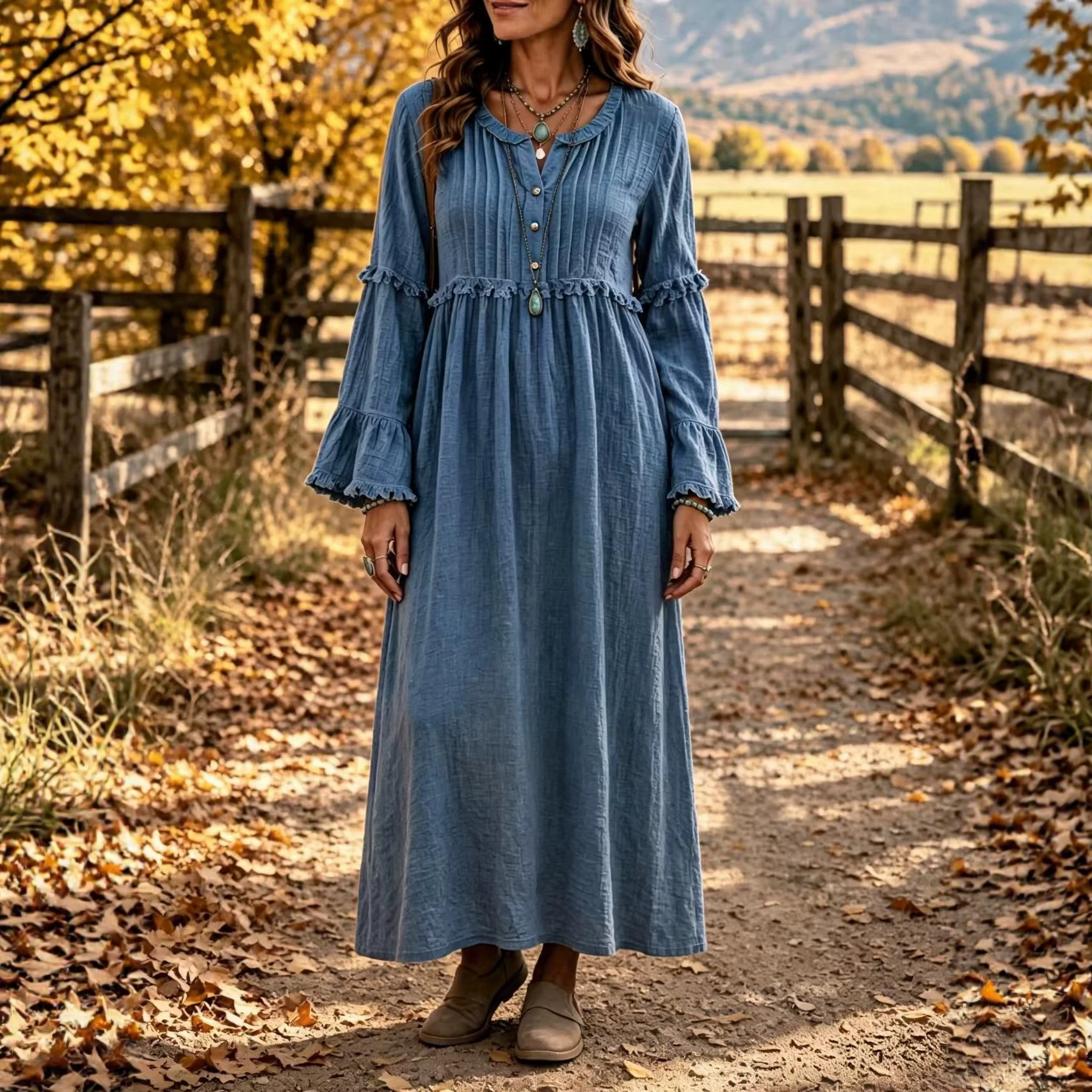 Lace Trim Fringe Button Loose Casual Dress