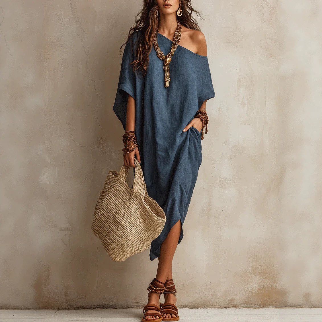 Women's One-Shoulder Cotton-Linen Blend Midi Dress with Batwing Sleeves and Slit