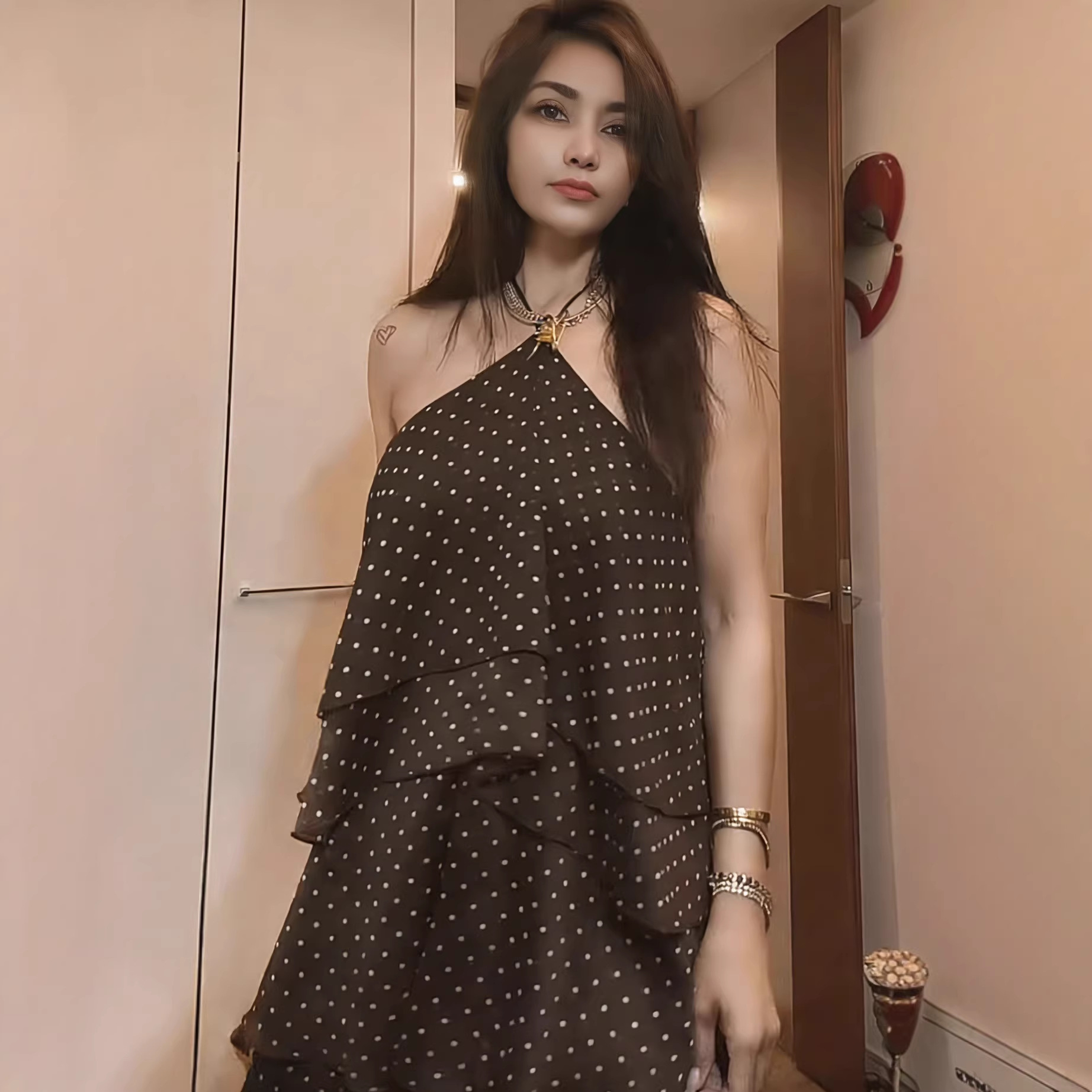 Women's Polka Dot Halter Neck Layered Midi Dress Sleeveless