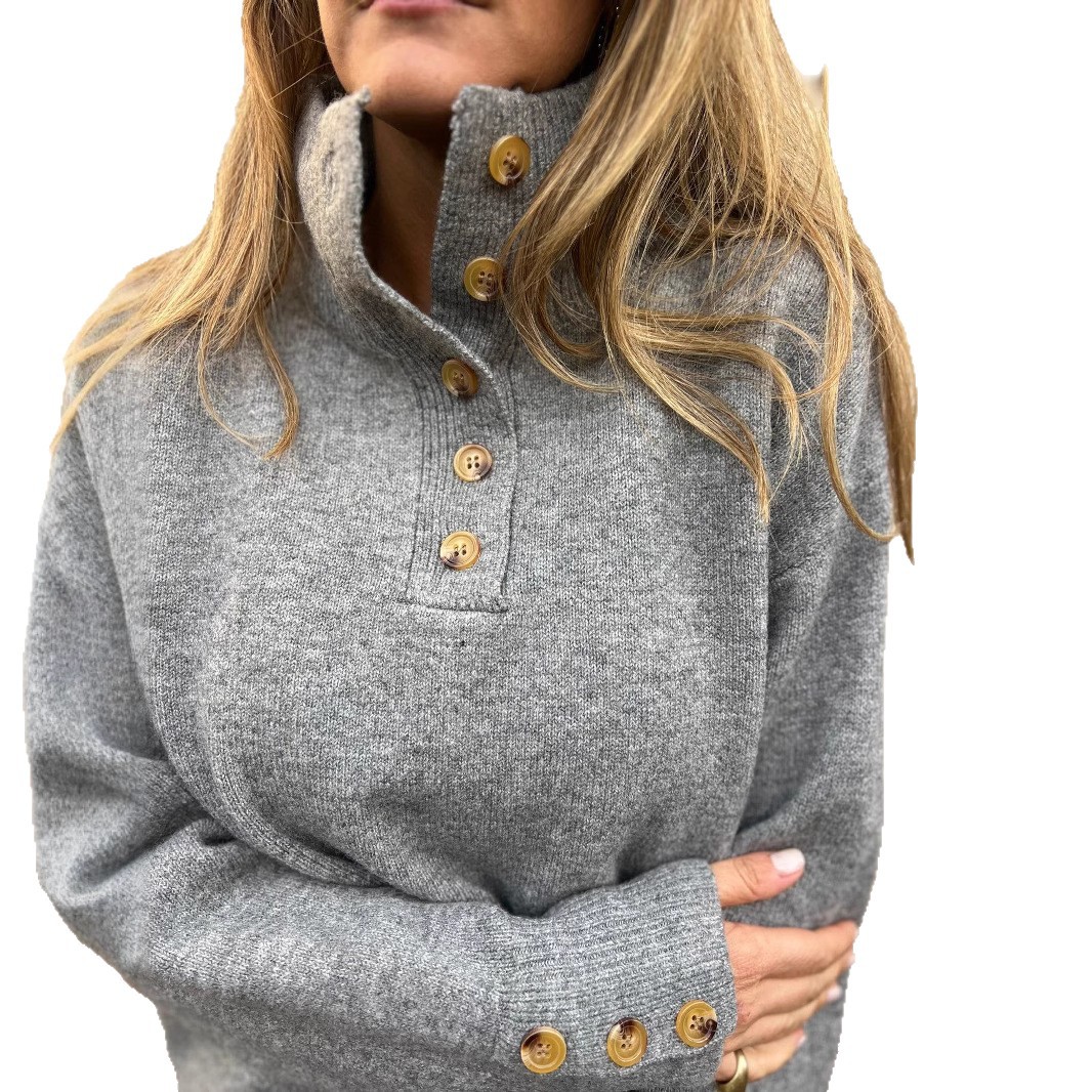 Women's Stand Collar Button Knit Sweater Solid Color Loose Fit