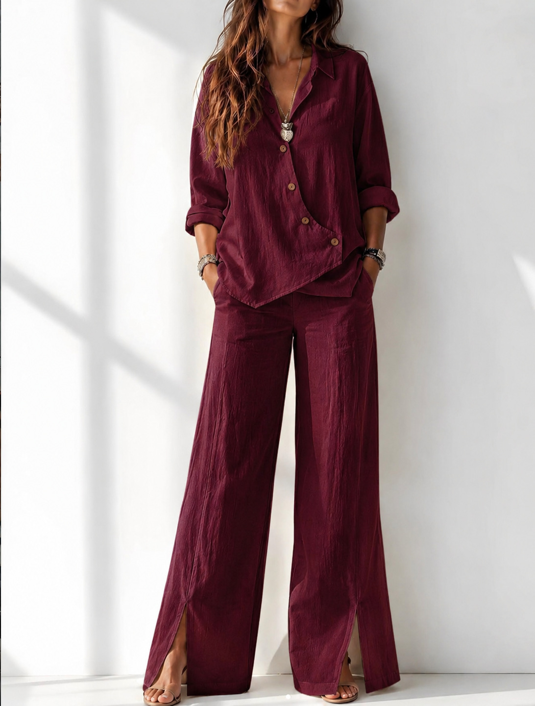 Women's Solid Color Asymmetric Long Sleeve Cardigan & Pants Set