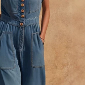 Retro Minimalist Blue Denim & Lace Patchwork Jumpsuit
