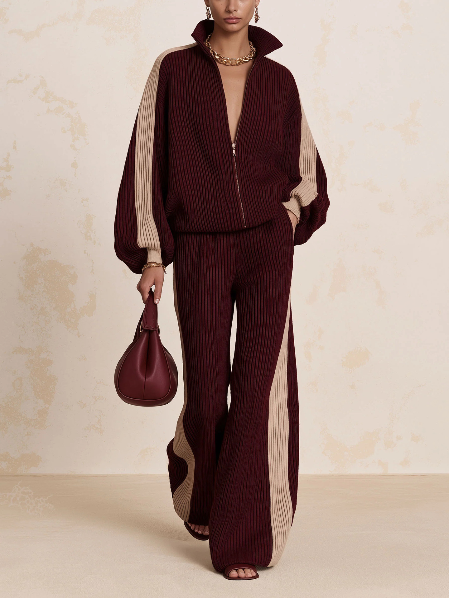 Corduroy Color-Block Knit Two-Piece Set with Wide-Leg Pants