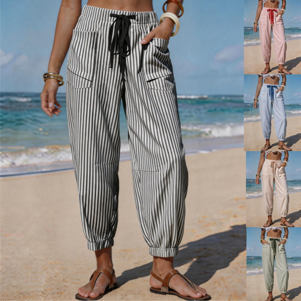 Women's Striped Linen-Like Cropped Pants with Drawstring and Pockets