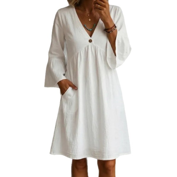 Women's Solid V-Neck Bell Sleeve Loose Vintage Dress