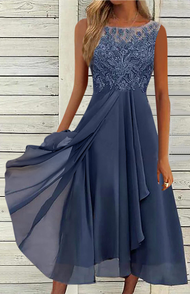Sweet Lace Hollow Sleeveless Midi Chiffon Dress Bridesmaid