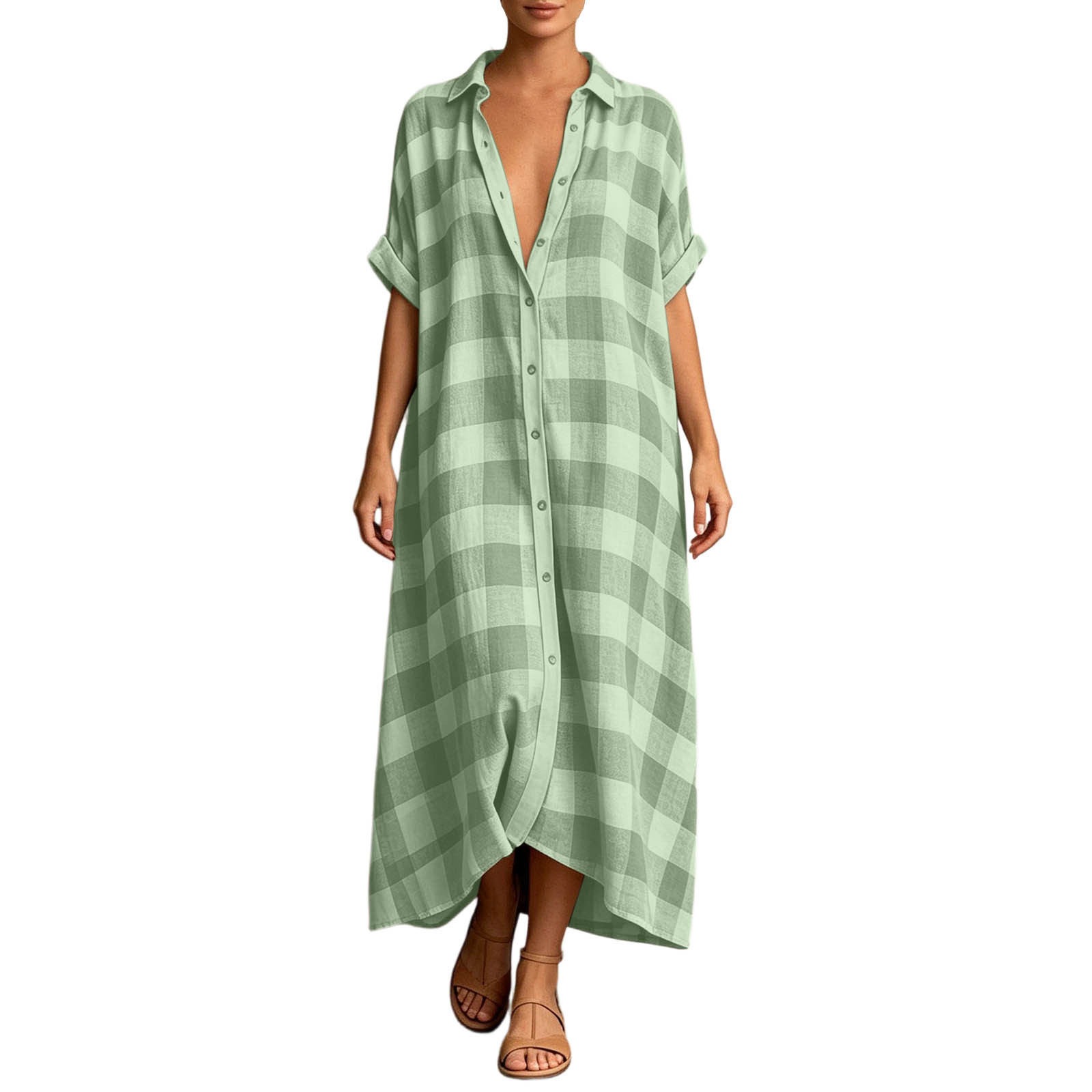 Women's Loose Plaid Shirt Dress Collared Button-Front Short Sleeve Long Vacation Dress