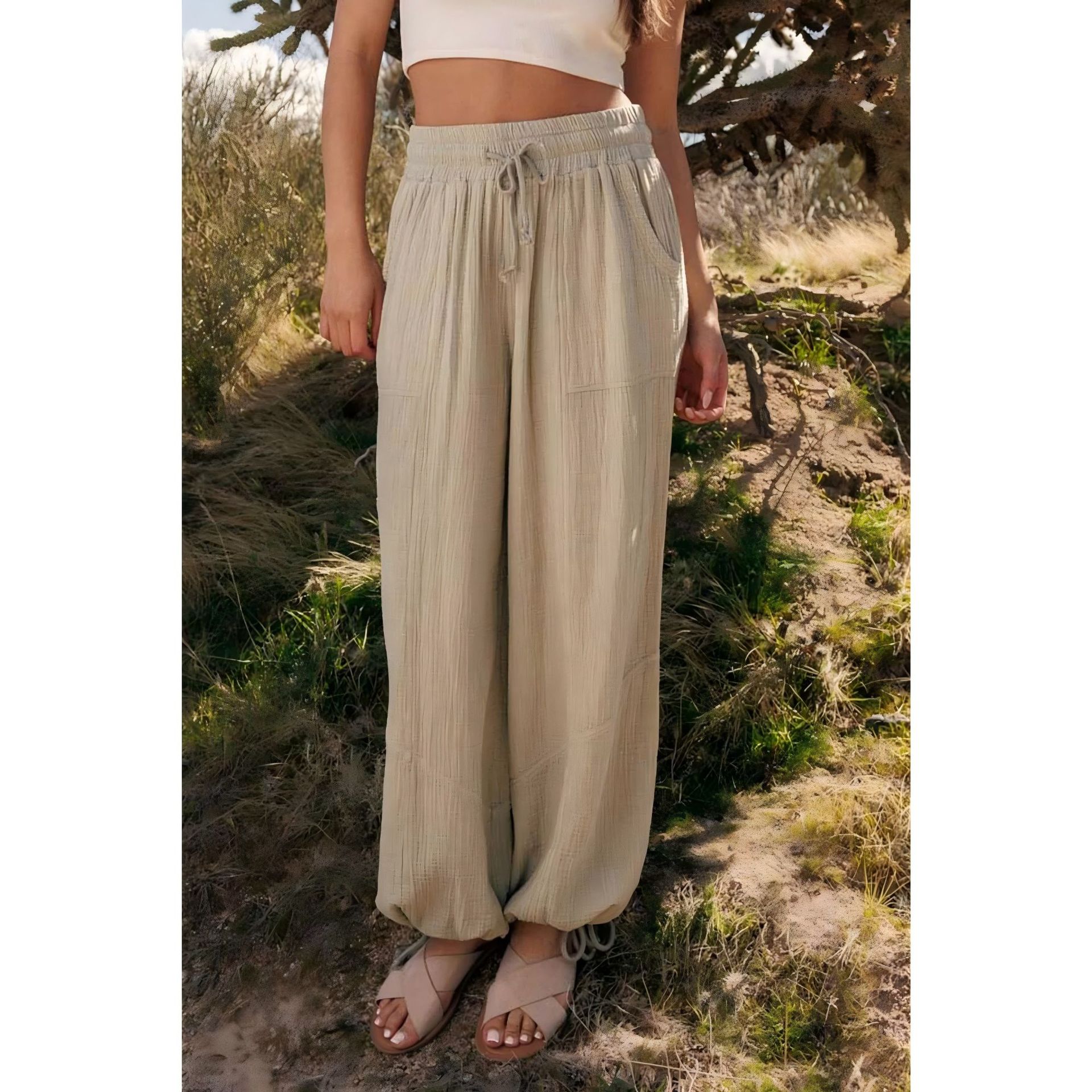 Women's High-Waist Drawstring Solid Color Tapered Pants