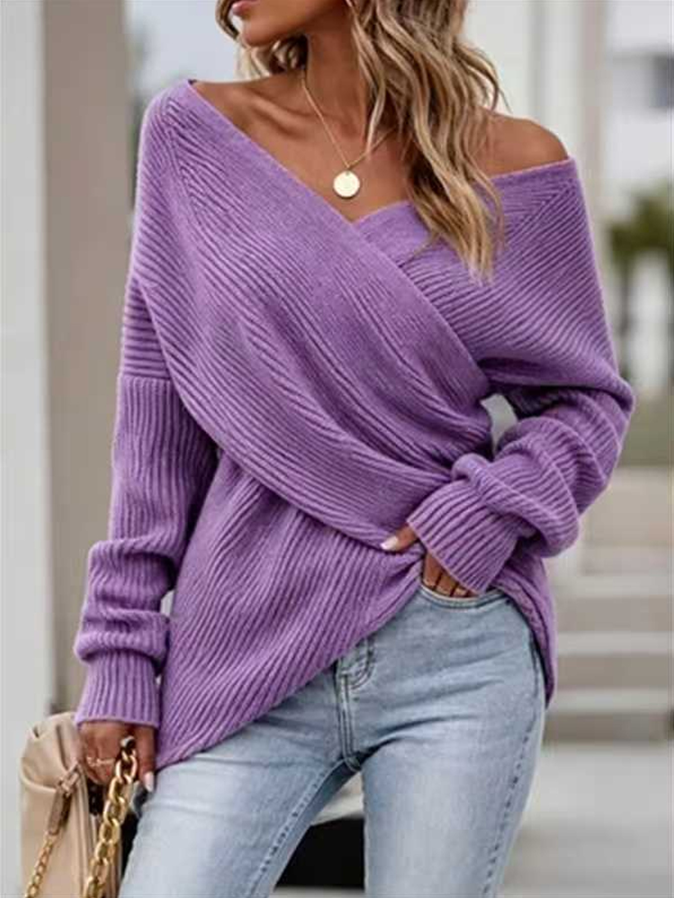 Women's Solid Cross V-Neck Knit Sweater Long Sleeve