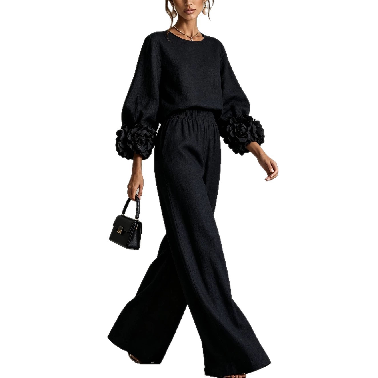 Women's Solid Crewneck Long Sleeve Floral Wide Leg Pants 2-Piece Set