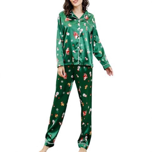 Women's Cuban Collar Christmas Print Long Sleeve Shirt Set