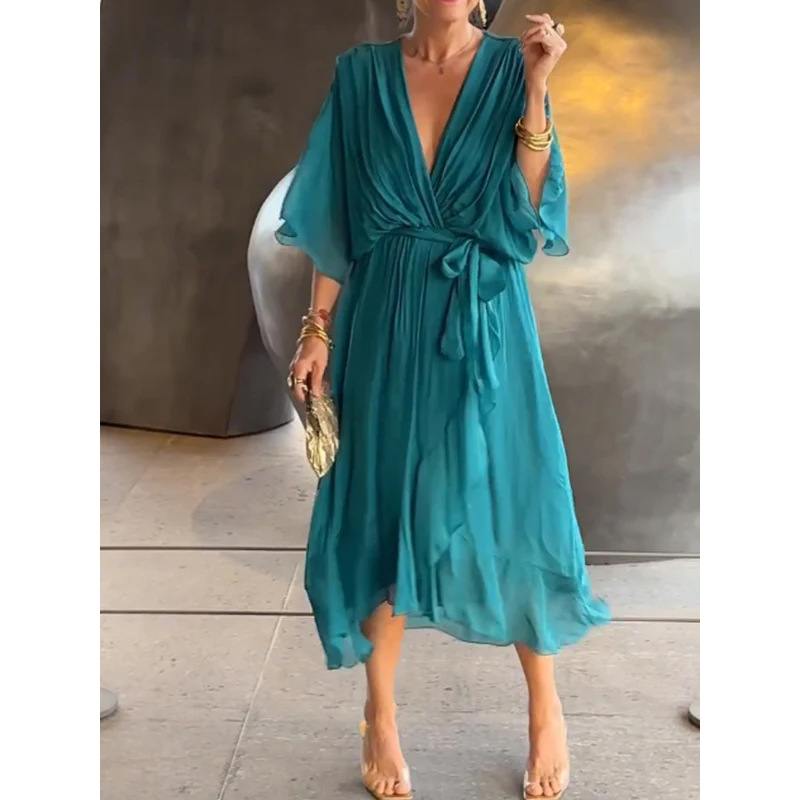 Women's Solid Color Tie-Waist Batwing Sleeve Irregular Long Dress Plus Size