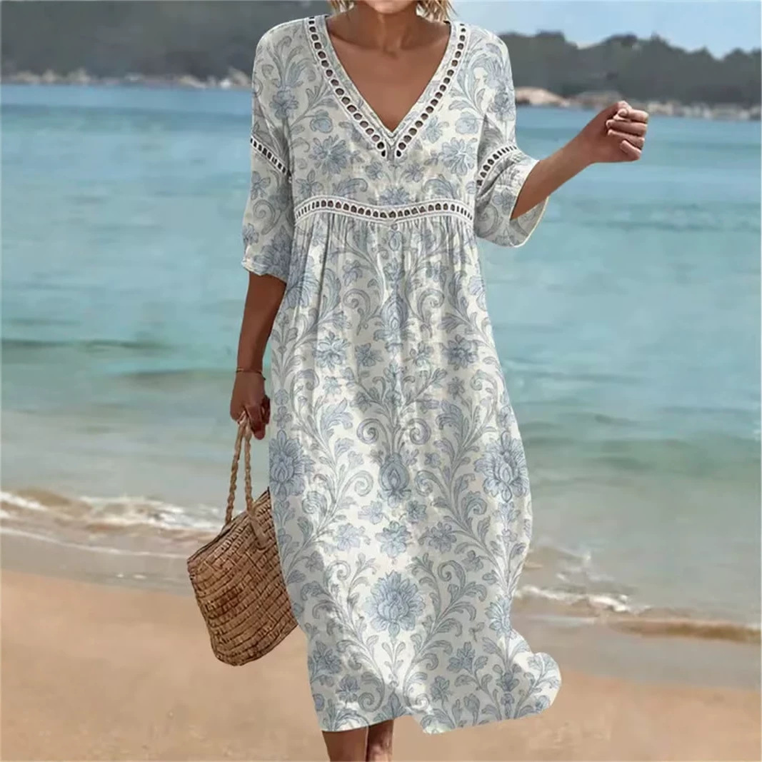 Women's Floral Print Pleated Midi Dress with Deep V-Neck and Five-Quarter Sleeves