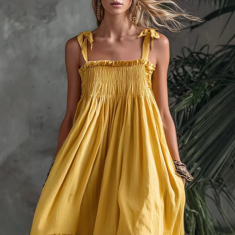Boho Yellow Long Sleeveless Pleated Dress