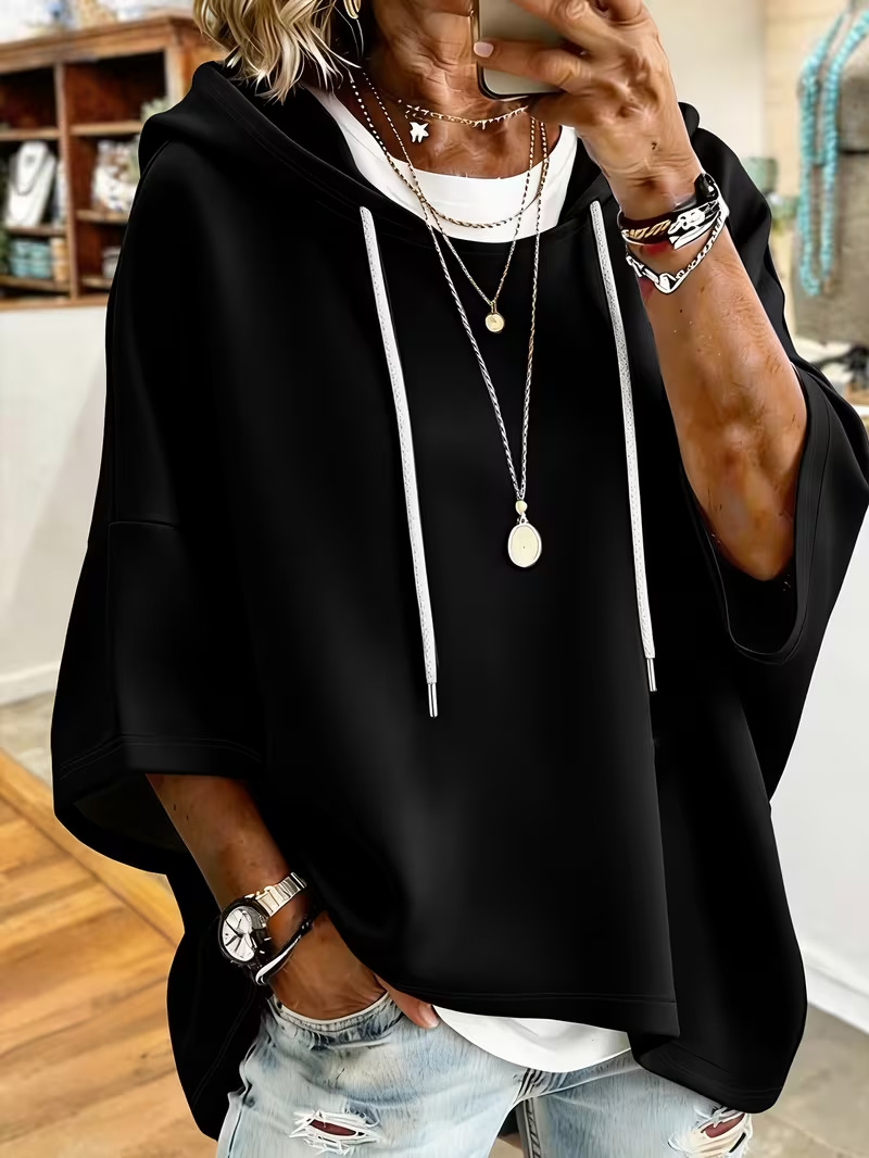 Women's Solid Print Oversized Hoodie with Large Neckline