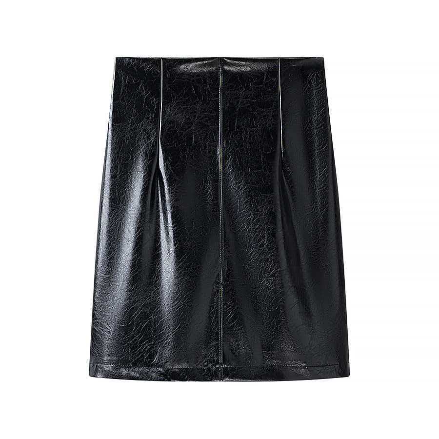 Gold-Button Waist-Cinched Faux Leather Jacket and Bodycon Mini Skirt Set