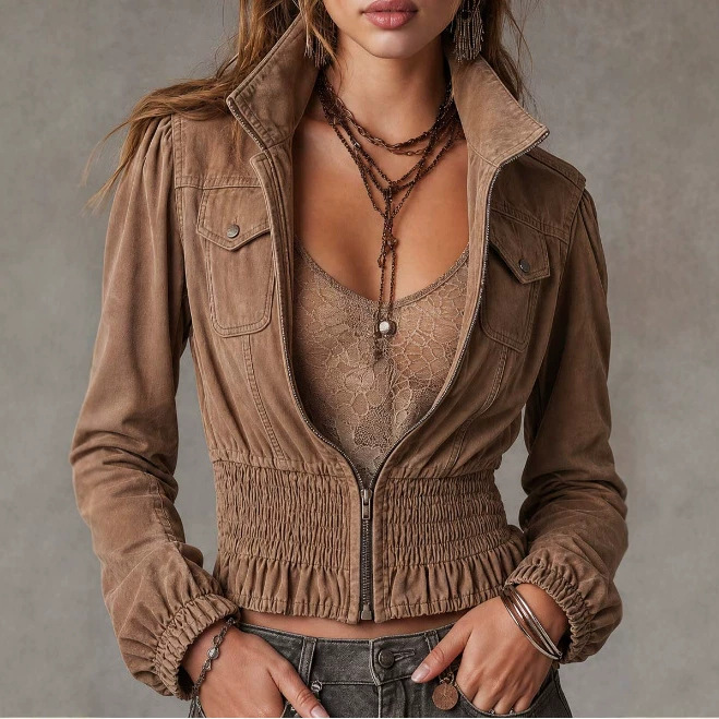 Vintage Denim Zip-Up Cropped Jacket with Stand Collar
